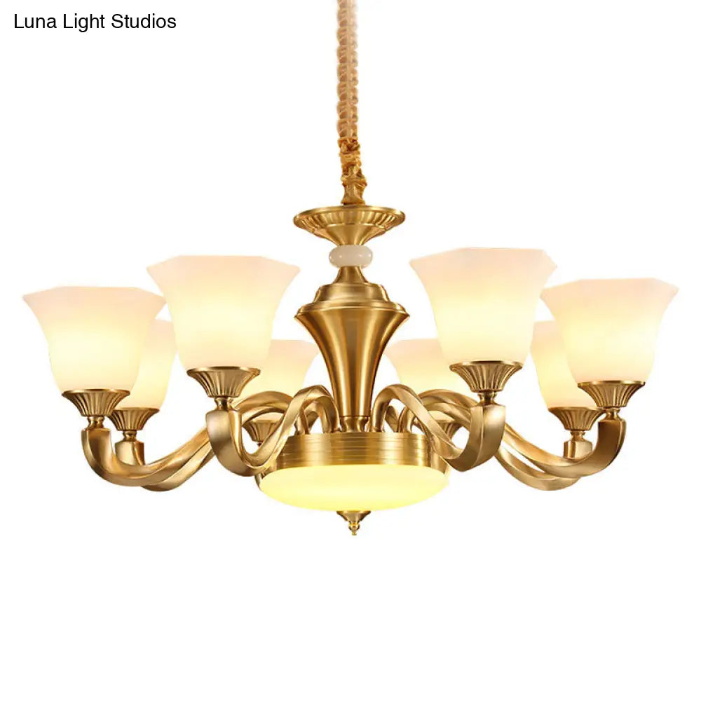 Contemporary Gold Bell Chandelier Pendant With Milky Glass Shade