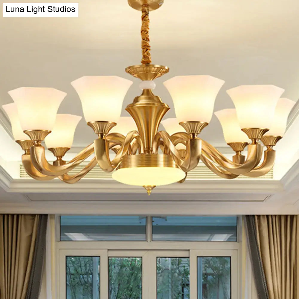 Contemporary Gold Bell Chandelier Pendant With Milky Glass Shade