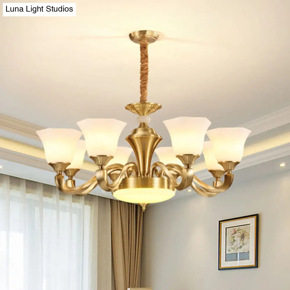 Contemporary Gold Bell Chandelier Pendant With Milky Glass Shade