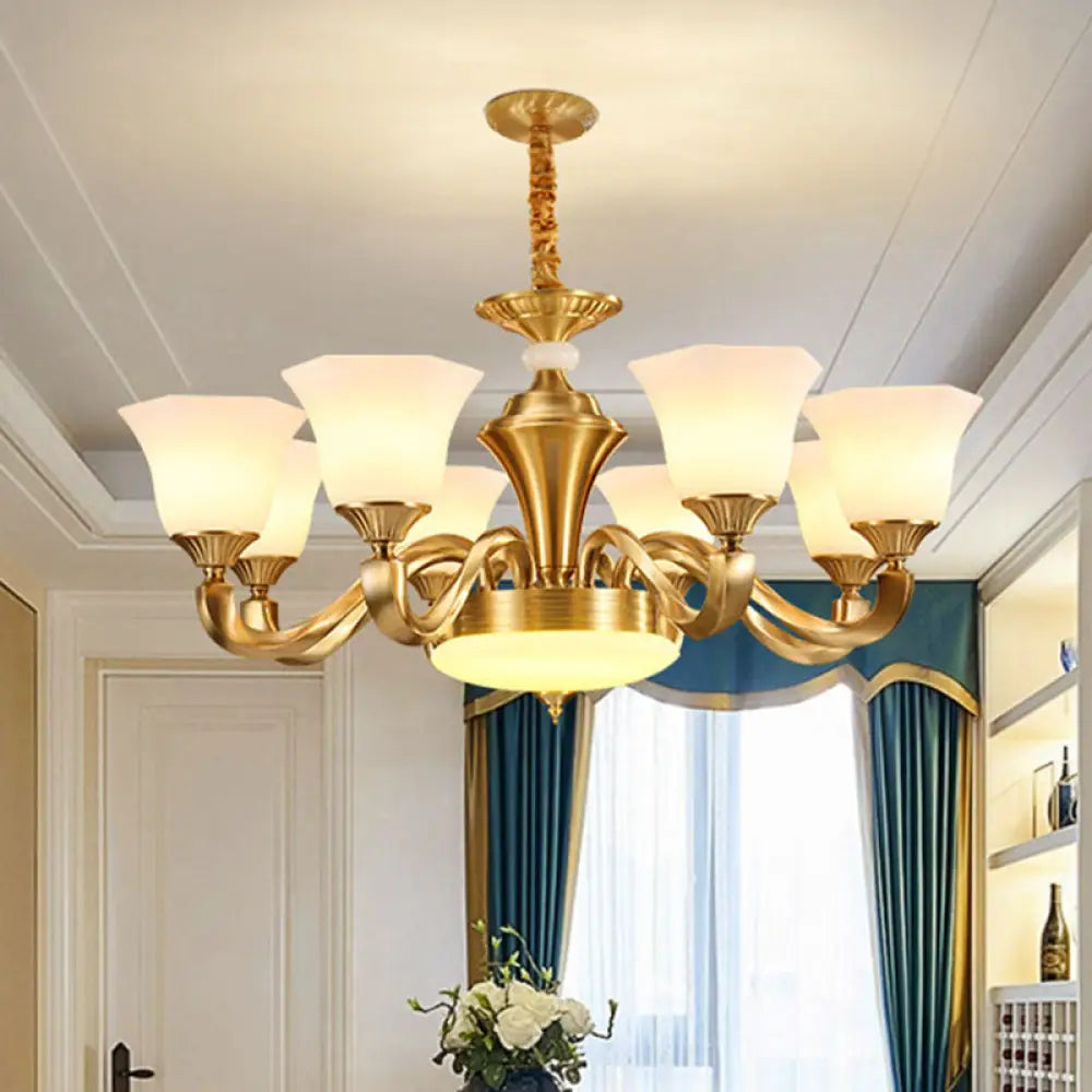 Contemporary Gold Bell Chandelier Pendant With Milky Glass Shade 8 / White