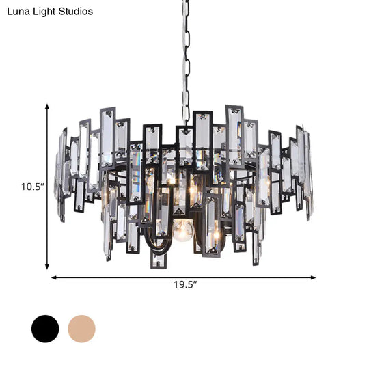 Contemporary Gold/Black Round Bedroom Suspension Light With 6 Crystal Block Bulbs