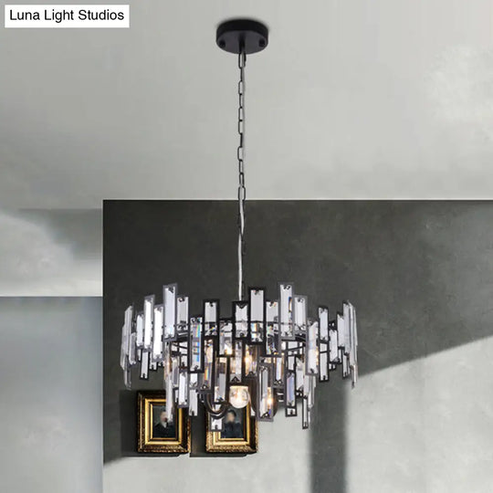 Contemporary Gold/Black Round Bedroom Suspension Light With Clear Crystal Block Embedded Chandelier