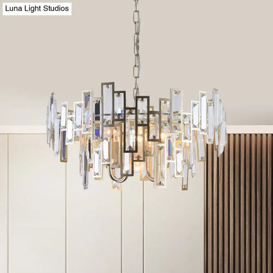 Contemporary Gold/Black Round Bedroom Suspension Light With 6 Crystal Block Bulbs