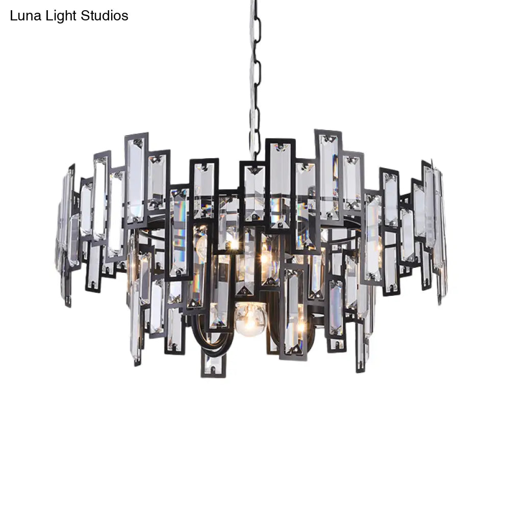 Contemporary Gold/Black Round Bedroom Suspension Light With 6 Crystal Block Bulbs