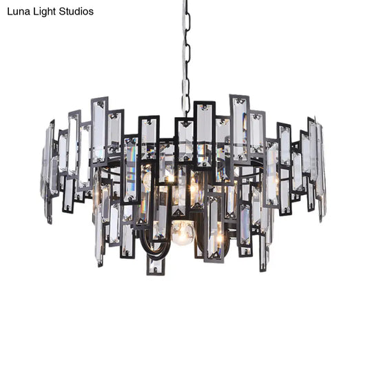 Contemporary Gold/Black Round Bedroom Suspension Light With Clear Crystal Block Embedded Chandelier