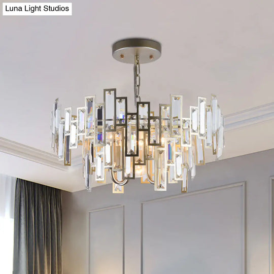 Contemporary Gold/Black Round Bedroom Suspension Light With Clear Crystal Block Embedded Chandelier