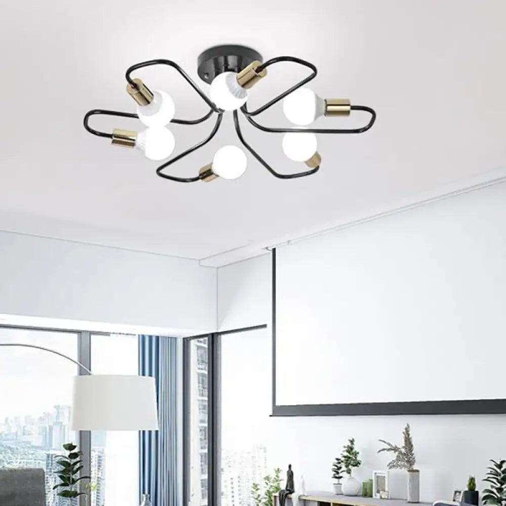 Contemporary Gold/Black/White Sputnik Semi Flush Ceiling Light - 6 - Light Metal Mount For Bedroom
