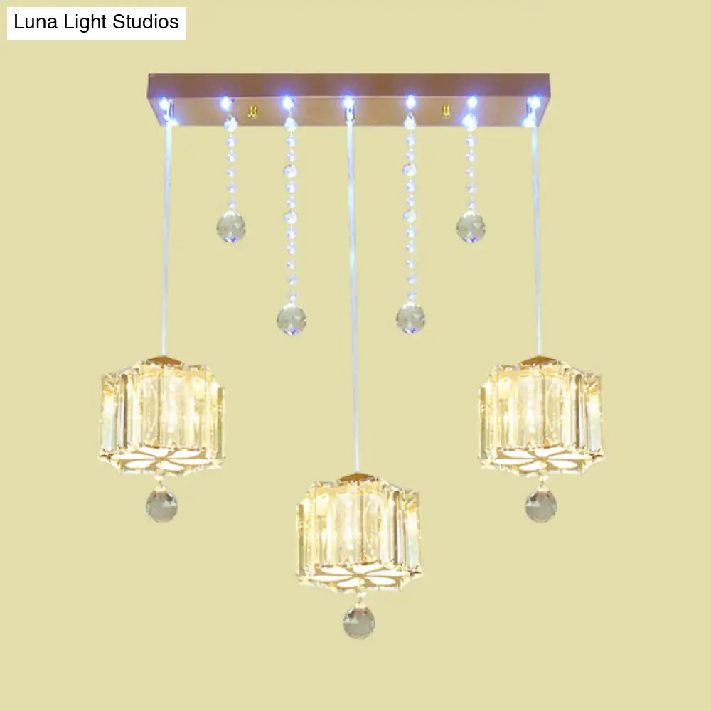 Contemporary Gold Blossom Pendant Light With Crystal Facets - 3 Bulbs Linear Canopy