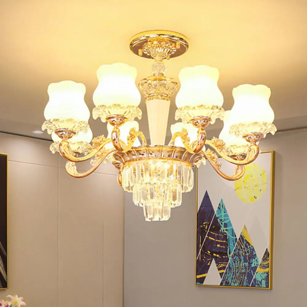 Contemporary Gold Bud Drop Lamp With Milky Glass - Dining Room Chandelier 8 /