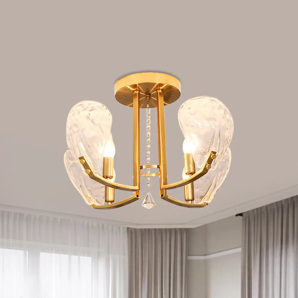Contemporary Gold Candle Semi Flush Mount Ceiling Light With Crystal Petal Shade - 4 Bulbs