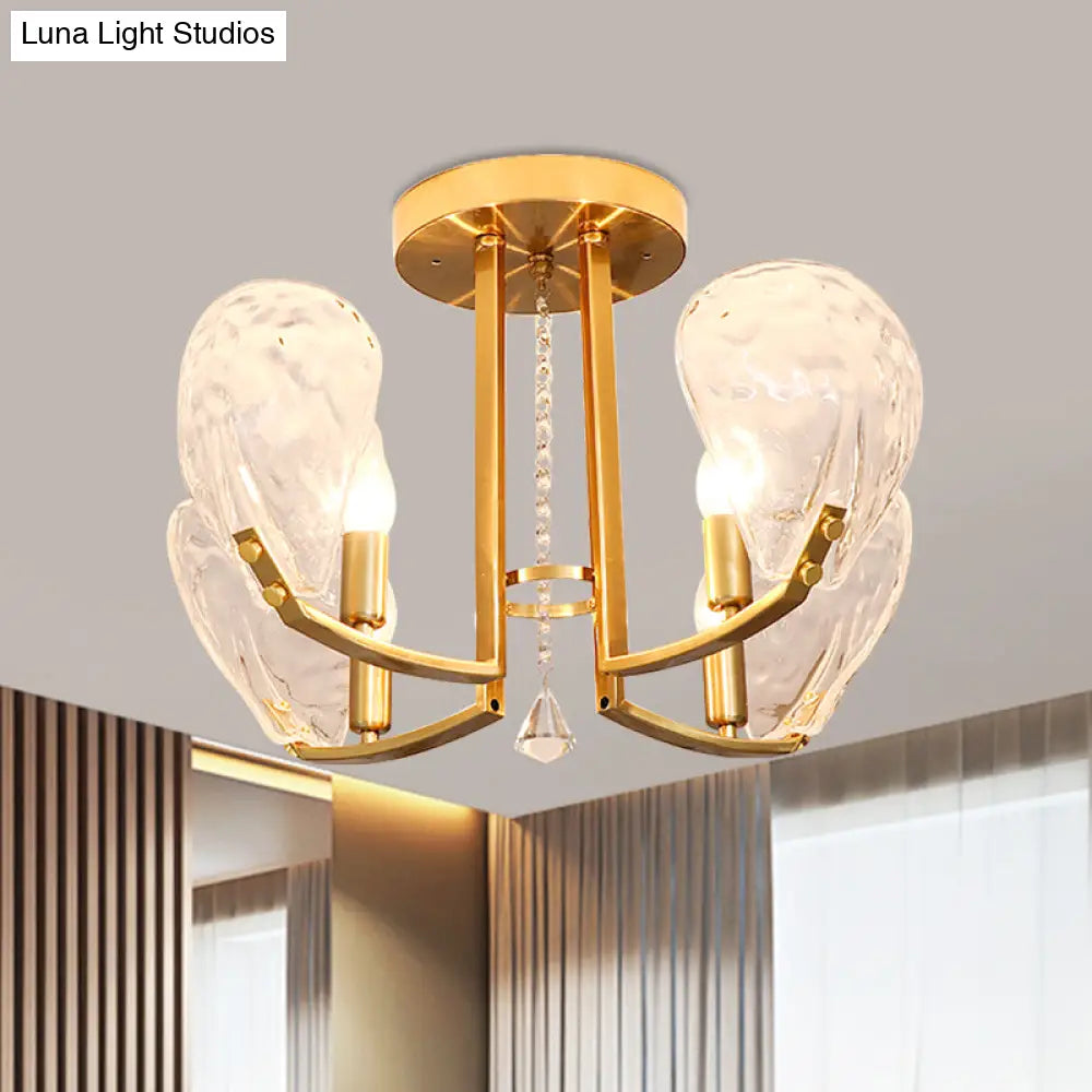 Contemporary Gold Candle Semi Flush Mount Ceiling Light With Crystal Petal Shade - 4 Bulbs