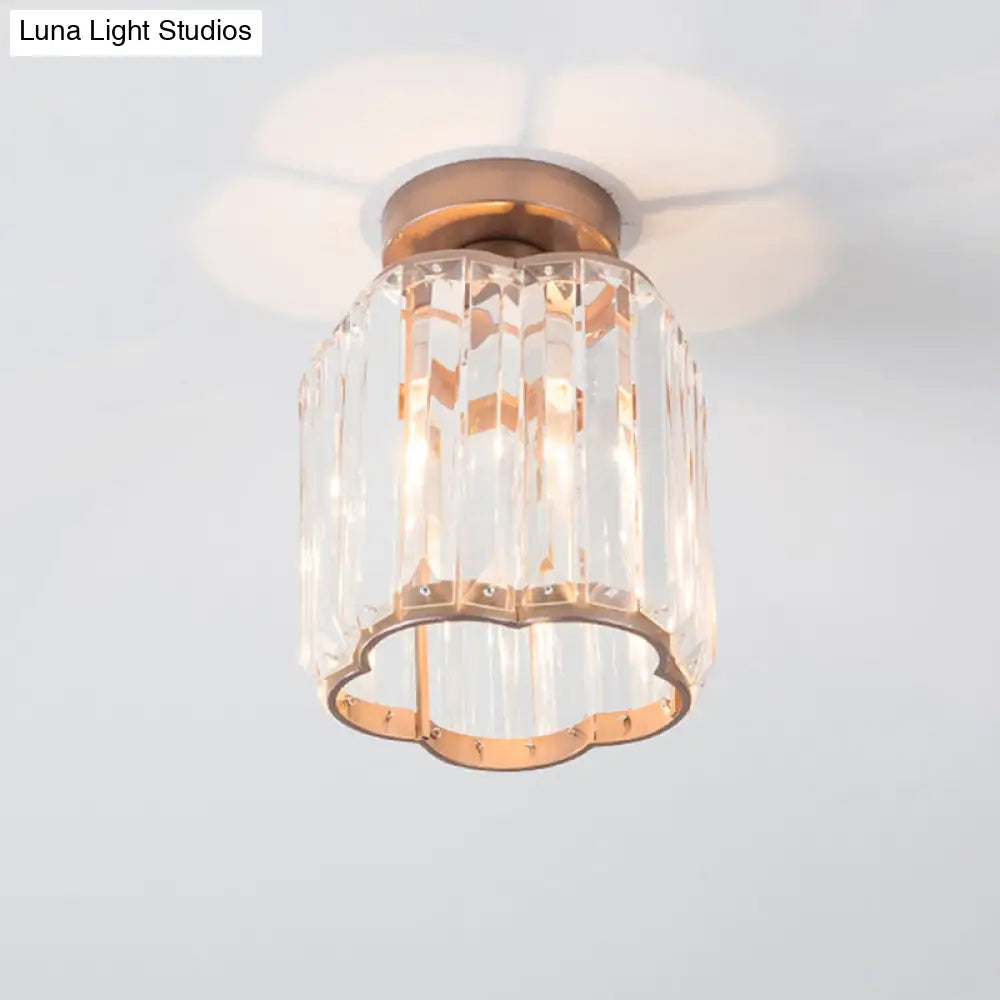 Contemporary Gold Canopy Semi Flush Light With Plum Blossom Shade And Clear Crystal Ceiling Mount