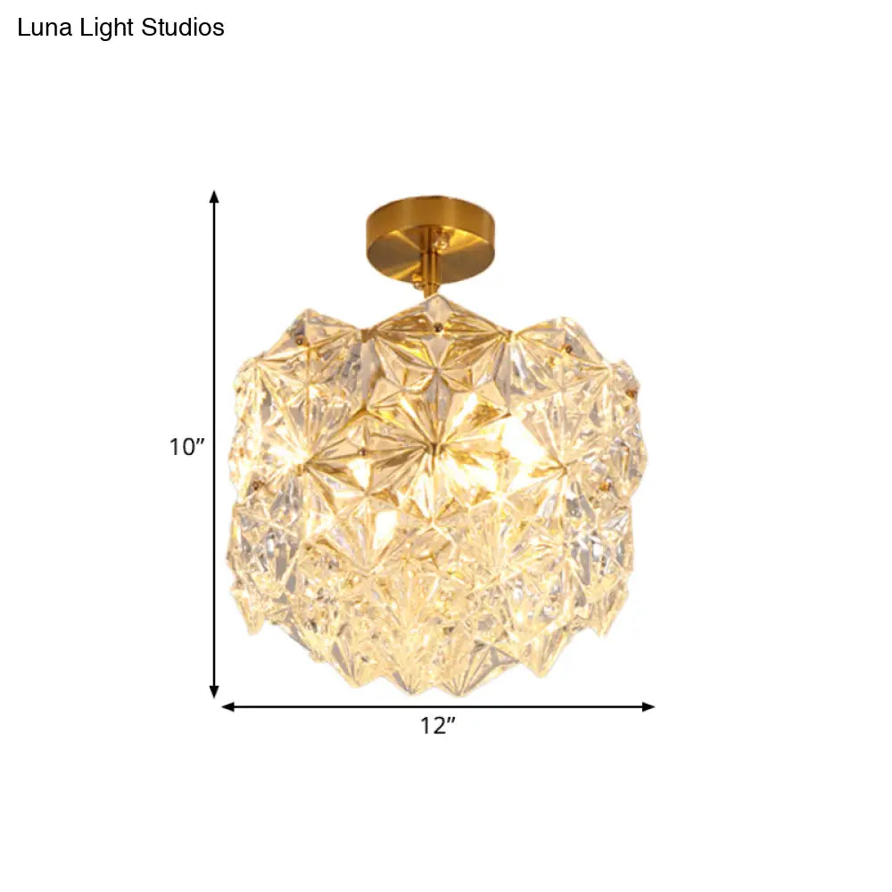 Contemporary Gold Canopy Semi Flush Mount Light With Hexagon-Shape Crystals & 3 Bulbs