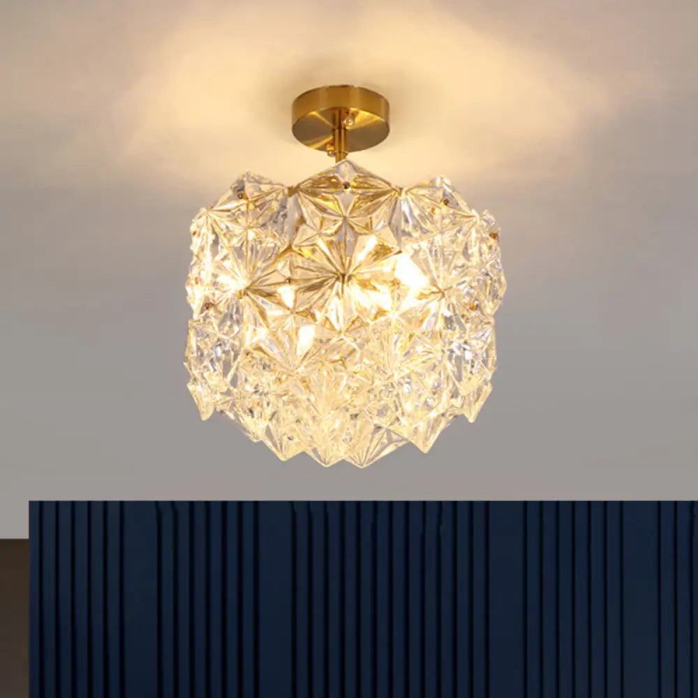 Contemporary Gold Canopy Semi Flush Mount Light With Hexagon-Shape Crystals & 3 Bulbs