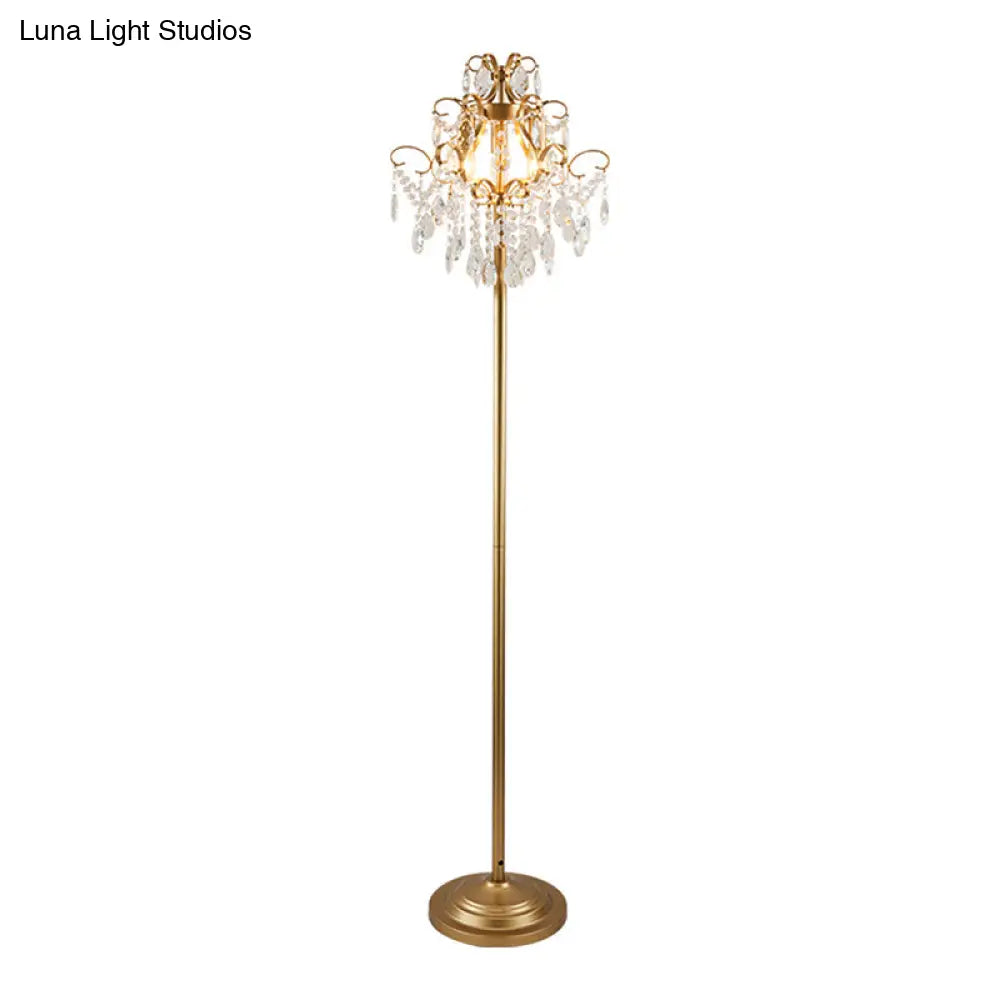 Contemporary Gold Cascading Floor Light - Crystal 1-Head Standing Lamp For Parlor