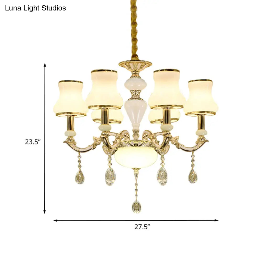 Contemporary Gold Ceiling Chandelier With 6 Lights Milk Glass And Crystal Pendant Lighting