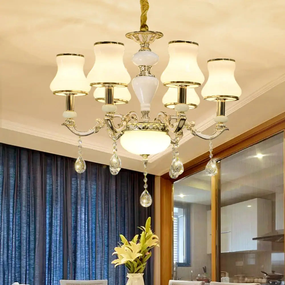 Contemporary Gold Ceiling Chandelier With 6 Lights Milk Glass And Crystal Pendant Lighting