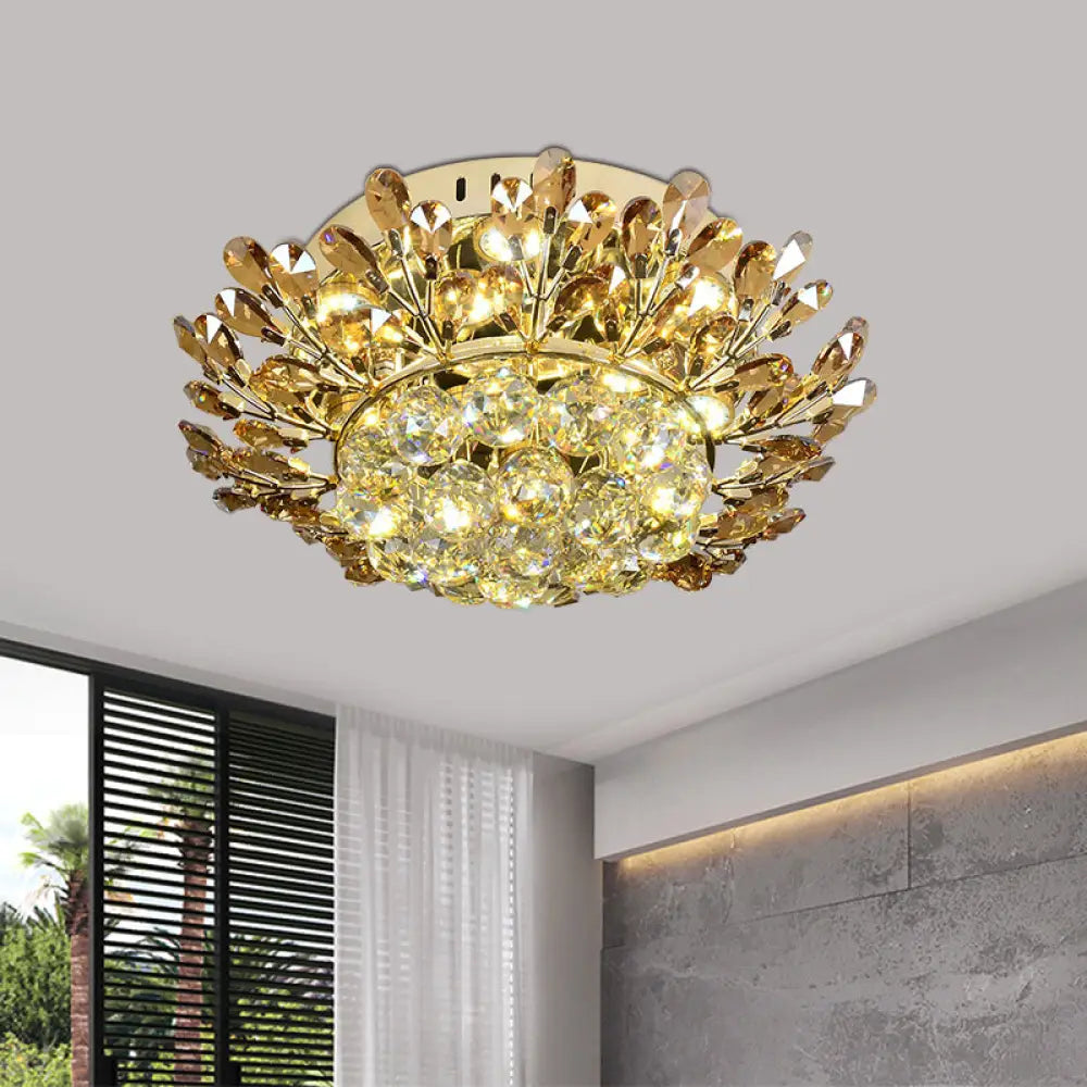 Contemporary Gold Ceiling Lamp With Led Branch Design - Cognac And Clear Crystal Flush Mount For