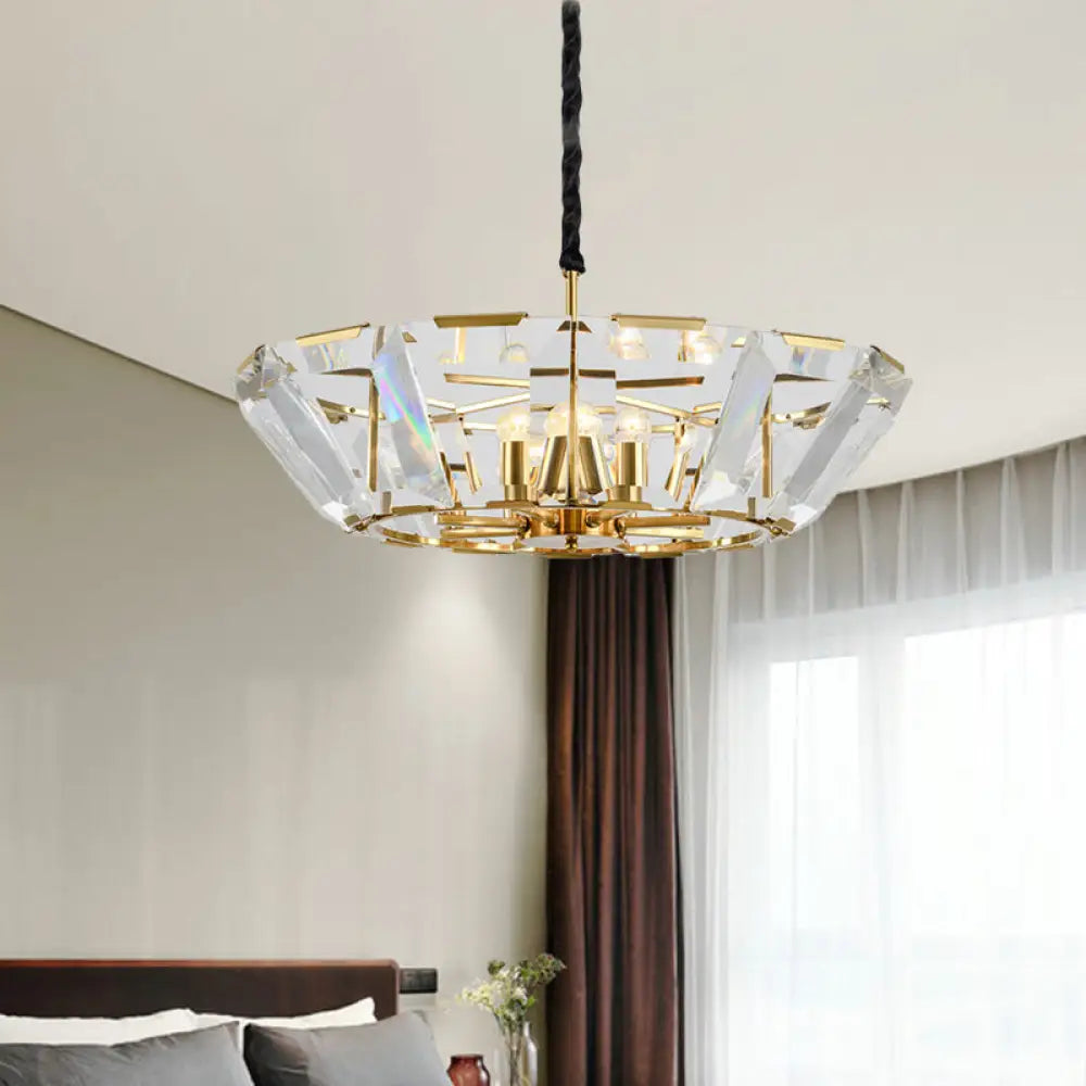 Contemporary Gold Chandelier: 5-Head Living Room Ceiling Light Kit With Crystal Bowl Shade