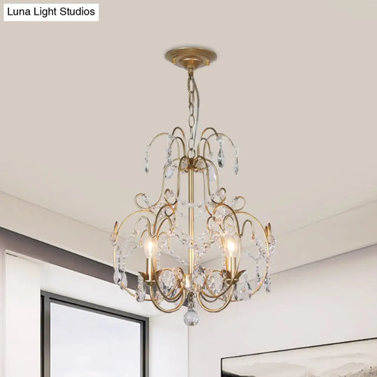 Contemporary Gold Chandelier Featuring Clear Crystal Beads - 3 Bulb Lantern Suspended Lighting