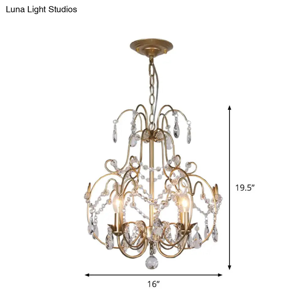 Contemporary Gold Chandelier Lantern With Clear Crystal Beads 3 Bulb Suspended Lighting Fixture