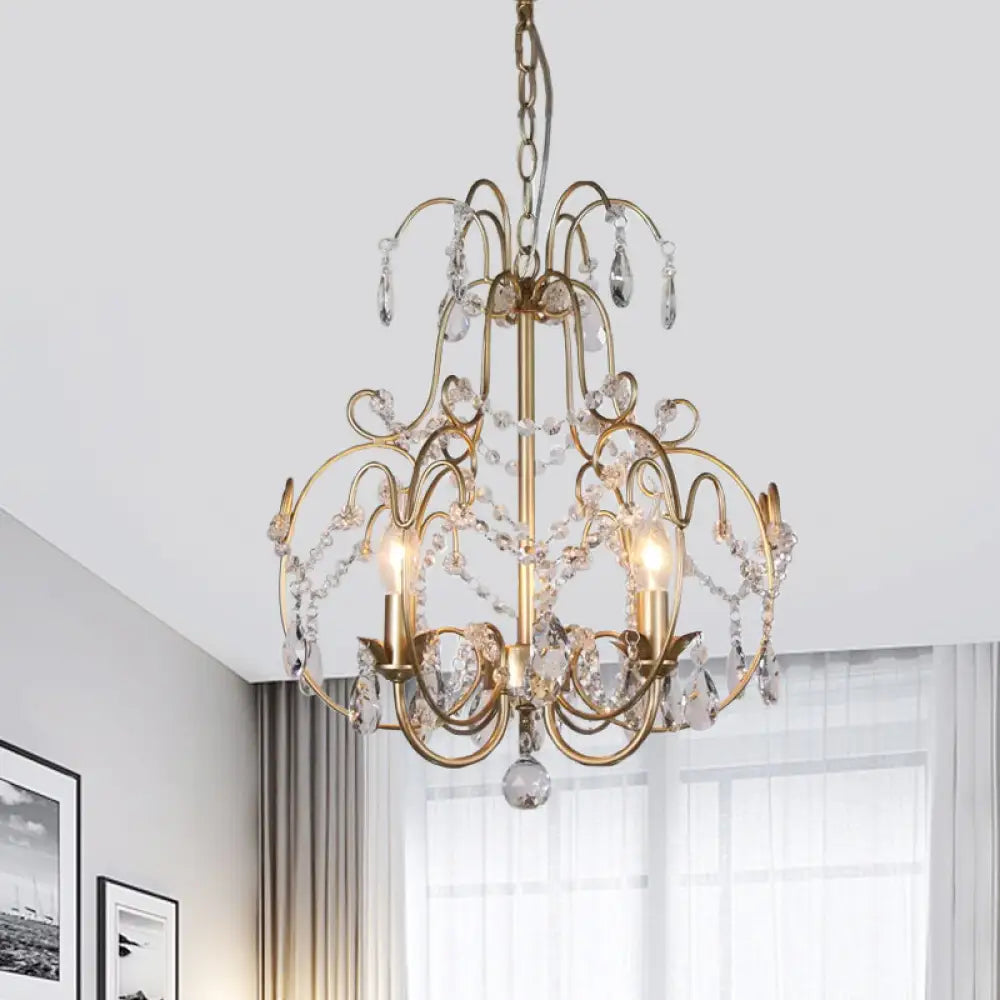 Contemporary Gold Chandelier Featuring Clear Crystal Beads - 3 Bulb Lantern Suspended Lighting