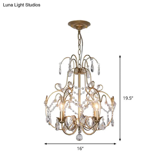 Contemporary Gold Chandelier Featuring Clear Crystal Beads - 3 Bulb Lantern Suspended Lighting