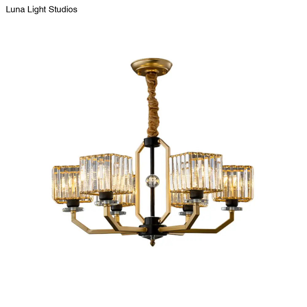 Contemporary Gold Chandelier Light - 3/6 Bulbs Dining Room Ceiling Lamp With Stylish Crystal Block