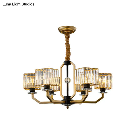 Contemporary Gold Chandelier Light - 3/6 Bulbs Dining Room Ceiling Lamp With Stylish Crystal Block