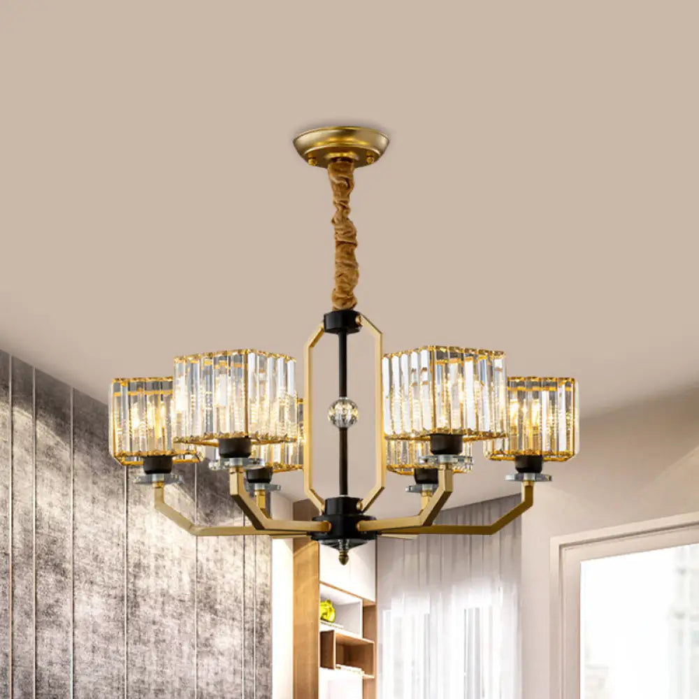 Contemporary Gold Chandelier Light - 3/6 Bulbs Dining Room Ceiling Lamp With Stylish Crystal Block