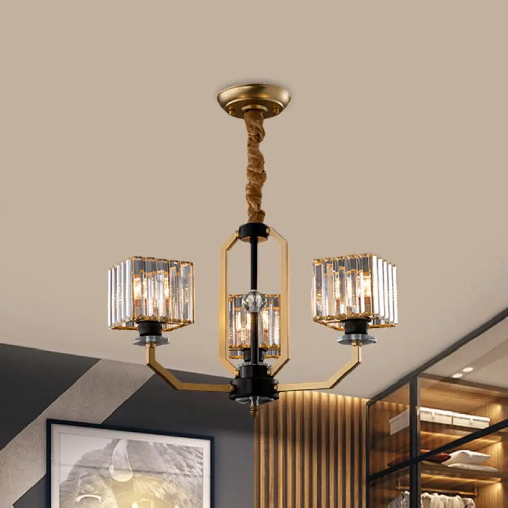 Contemporary Gold Chandelier Light - 3/6 Bulbs Dining Room Ceiling Lamp With Stylish Crystal Block