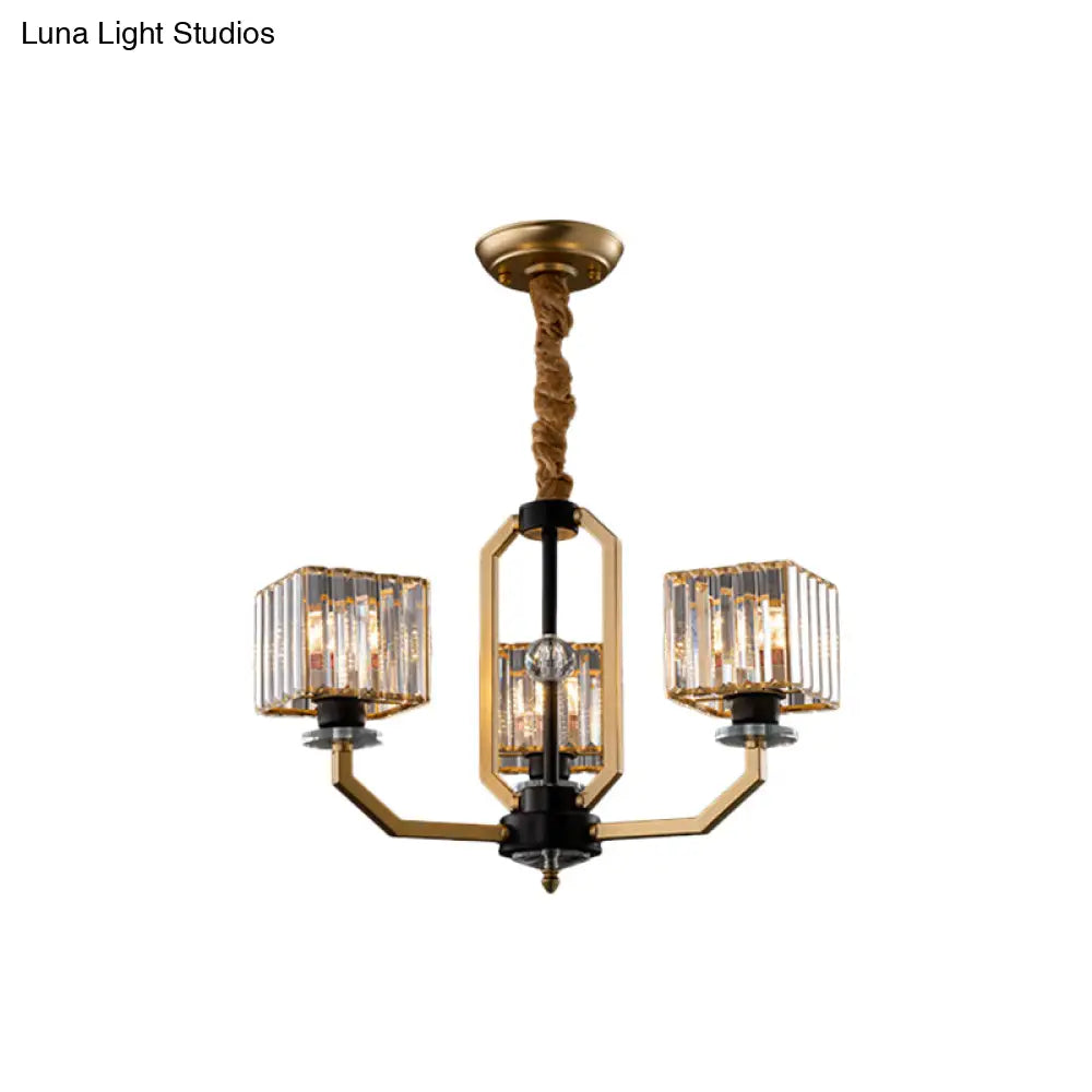 Contemporary Gold Chandelier Light - 3/6 Bulbs Dining Room Ceiling Lamp With Stylish Crystal Block