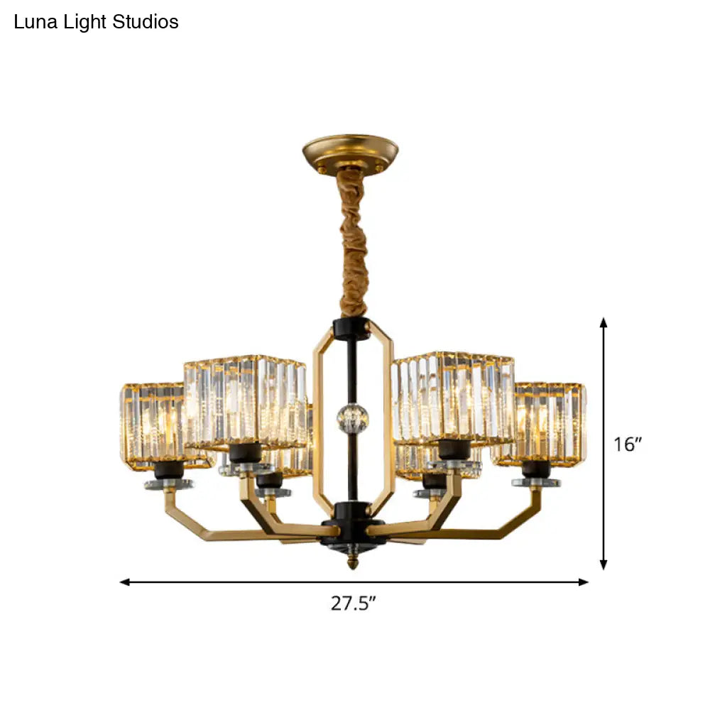 Contemporary Gold Chandelier Light - 3/6 Bulbs Dining Room Ceiling Lamp With Stylish Crystal Block