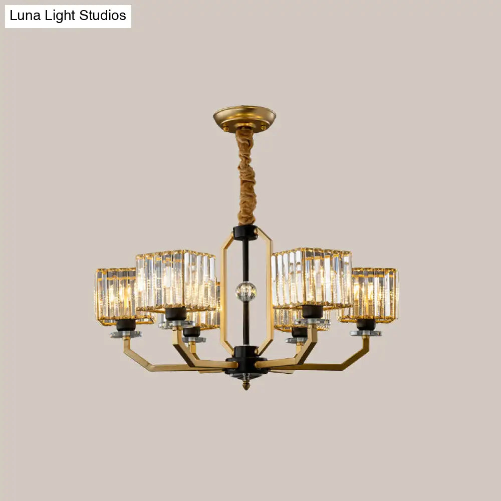 Contemporary Gold Chandelier Light - 3/6 Bulbs Dining Room Ceiling Lamp With Stylish Crystal Block