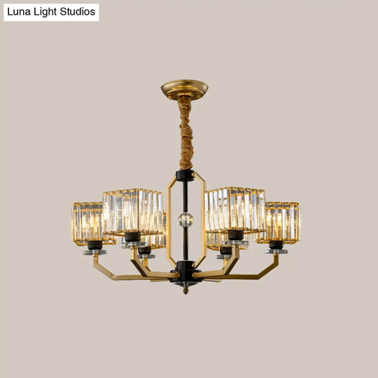 Contemporary Gold Chandelier Light - 3/6 Bulbs Dining Room Ceiling Lamp With Stylish Crystal Block