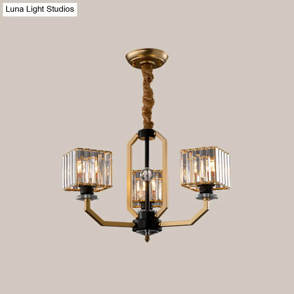 Contemporary Gold Chandelier Light - 3/6 Bulbs Dining Room Ceiling Lamp With Stylish Crystal Block