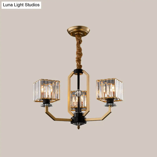 Contemporary Gold Chandelier Light - 3/6 Bulbs Dining Room Ceiling Lamp With Stylish Crystal Block