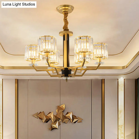 Minimalist Gold Chandelier With Cylinder Prisms - 3/6 Heads Dining Room Suspension Lamp