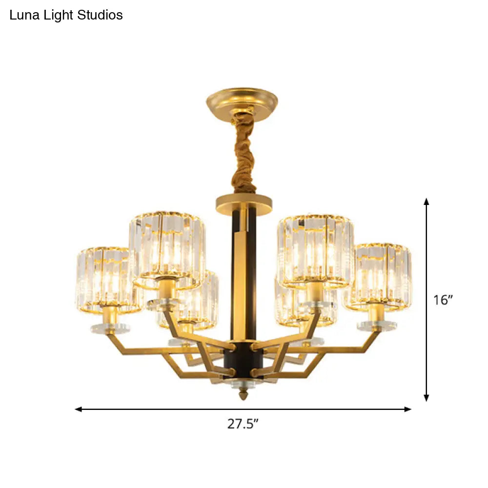 Minimalist Gold Chandelier With Cylinder Prisms - 3/6 Heads Dining Room Suspension Lamp