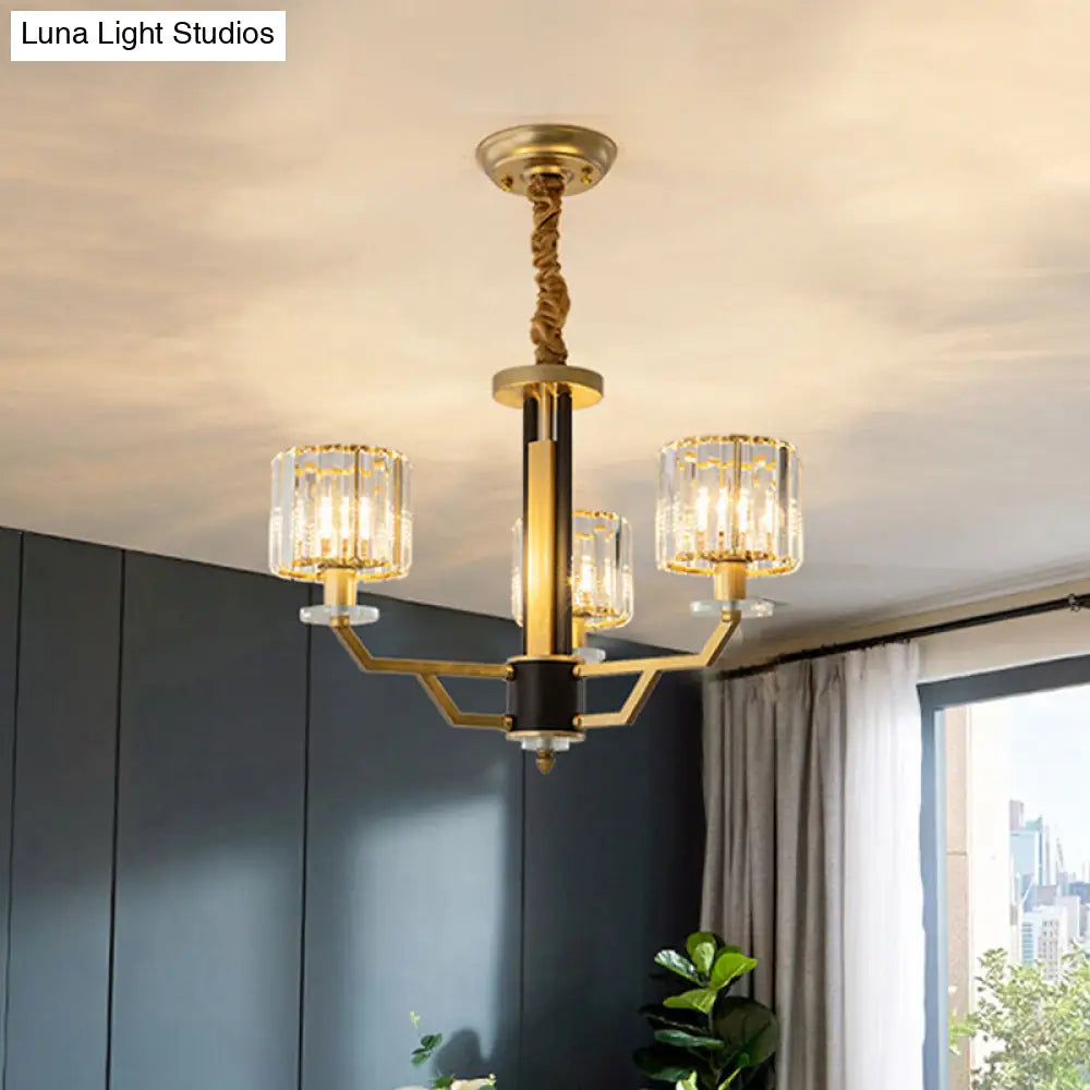 Minimalist Gold Chandelier With Cylinder Prisms - 3/6 Heads Dining Room Suspension Lamp 3 /