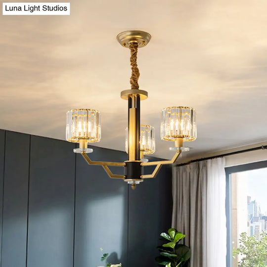 Minimalist Gold Chandelier With Cylinder Prisms - 3/6 Heads Dining Room Suspension Lamp 3 /