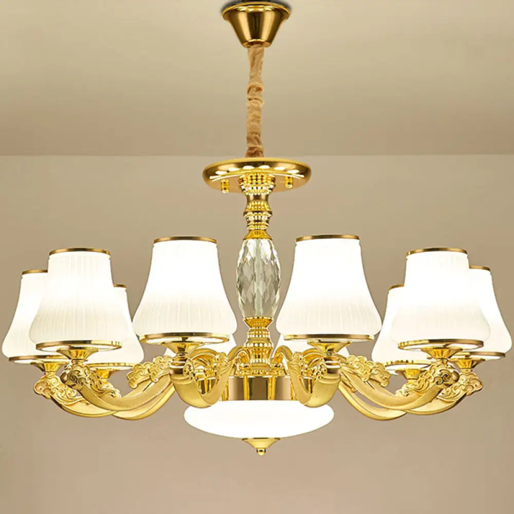 Contemporary Gold Chandelier With White Ribbed Glass Cone Ceiling Lamp 10 /