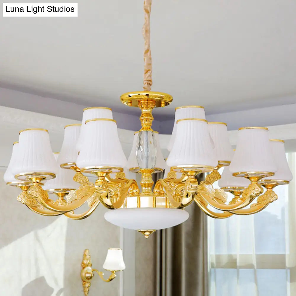 Contemporary Gold Chandelier Light Fixture - White Ribbed Glass Cone Ceiling Lamp