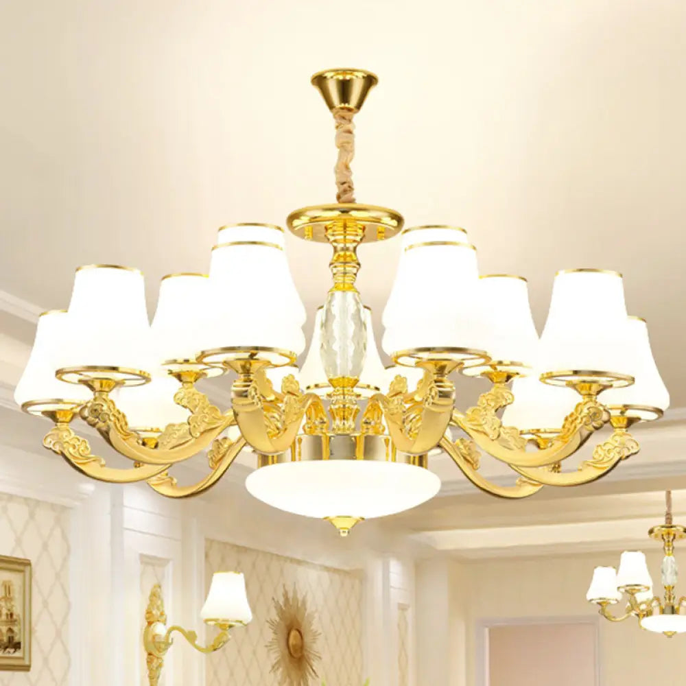 Contemporary Gold Chandelier With White Ribbed Glass Cone Ceiling Lamp 15 /