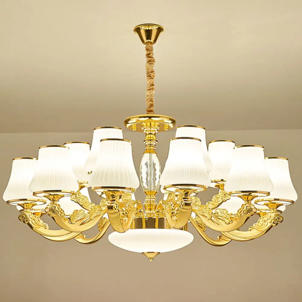 Contemporary Gold Chandelier With White Ribbed Glass Cone Ceiling Lamp 18 /