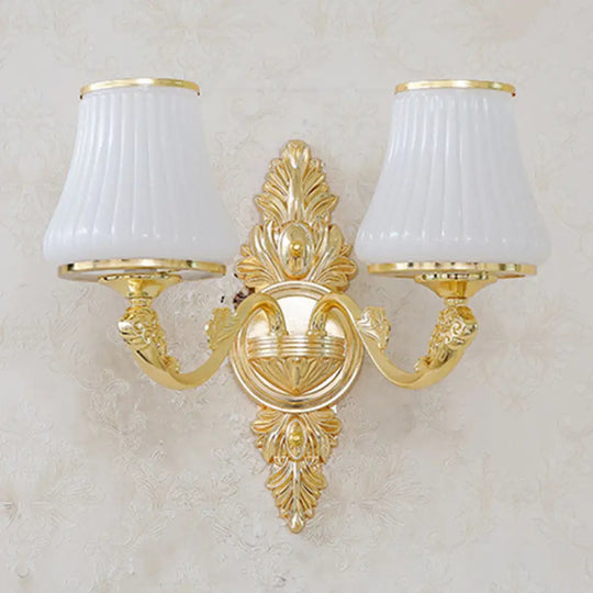 Contemporary Gold Chandelier With White Ribbed Glass Cone Ceiling Lamp 2 /