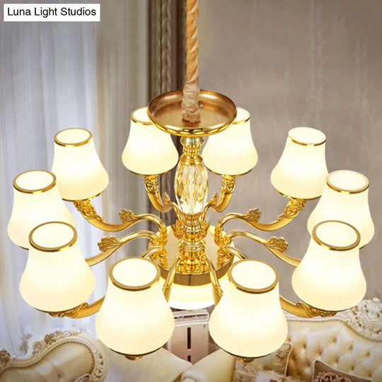 Contemporary Gold Chandelier Light Fixture - White Ribbed Glass Cone Ceiling Lamp