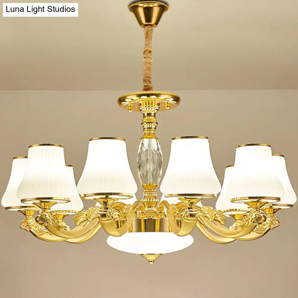 Contemporary Gold Chandelier Light Fixture - White Ribbed Glass Cone Ceiling Lamp 10 /