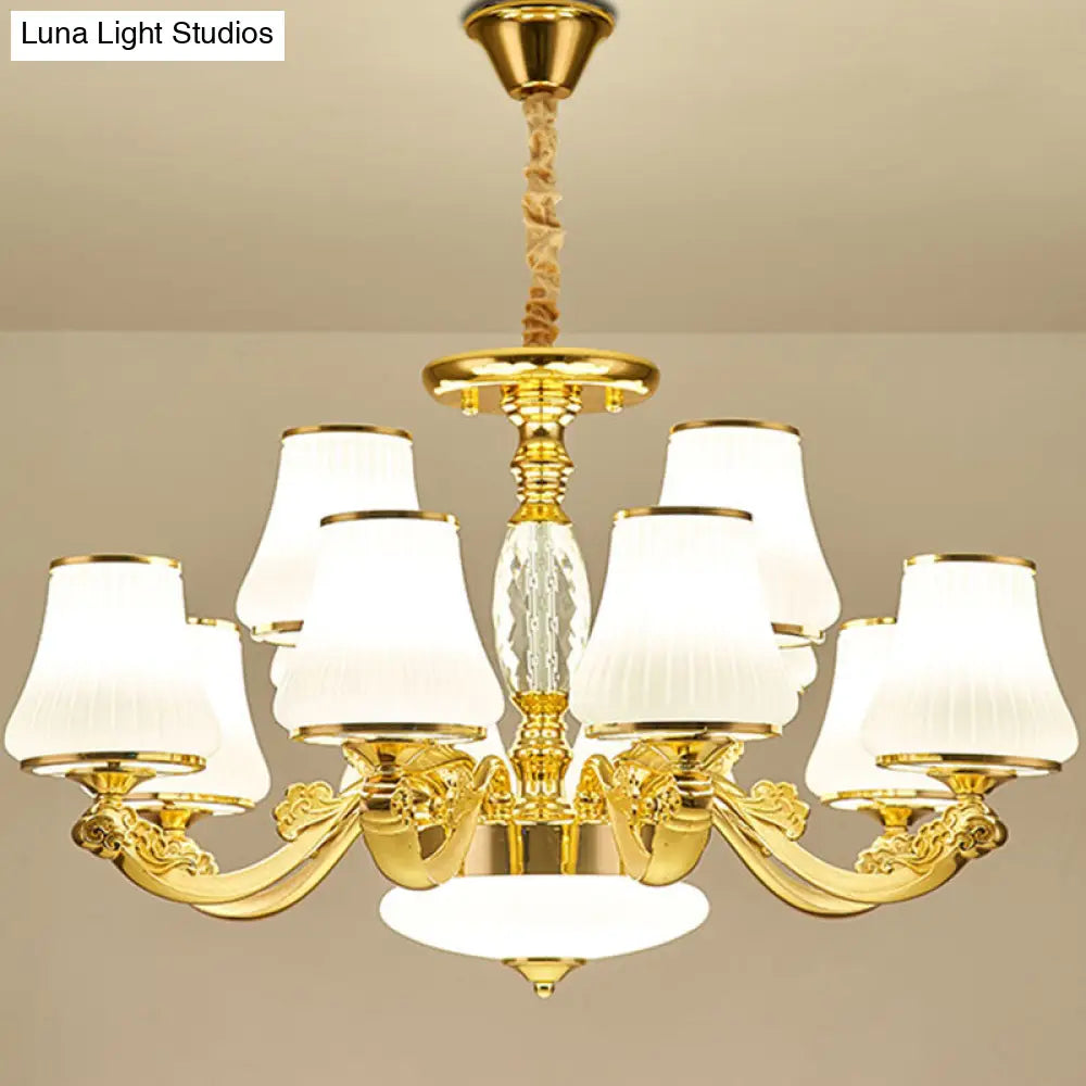 Contemporary Gold Chandelier Light Fixture - White Ribbed Glass Cone Ceiling Lamp 12 /