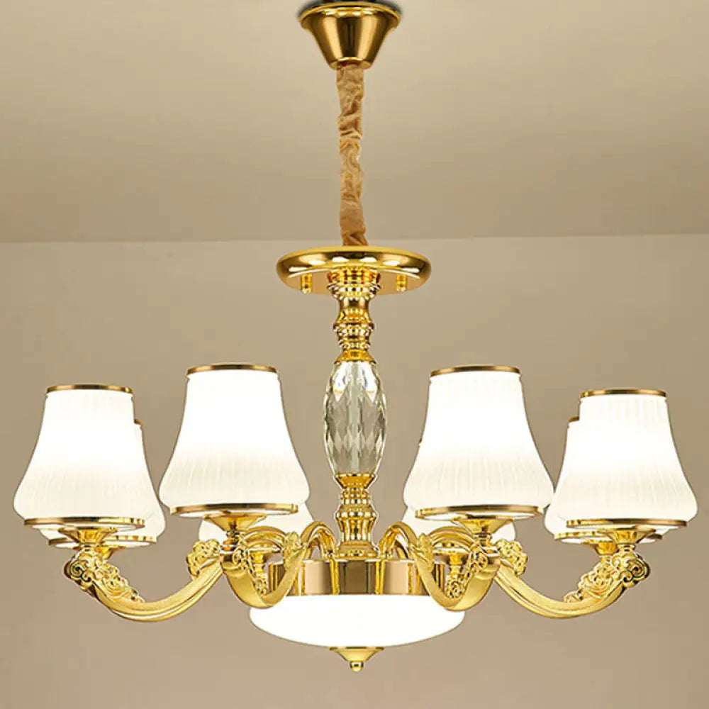 Contemporary Gold Chandelier With White Ribbed Glass Cone Ceiling Lamp 8 /